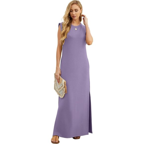 Grecerelle Women Purple Round Neck Loose Split Wrinkle-Free Long Maxi Dress - Picture 4 of 6